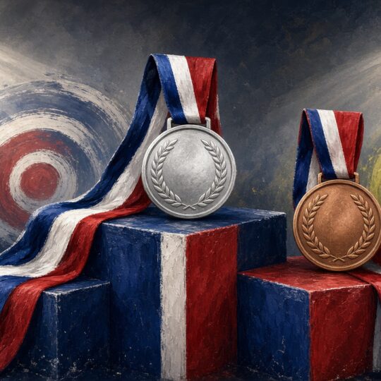 Illustration of silver and bronze medals on a podium with archery and tennis motifs