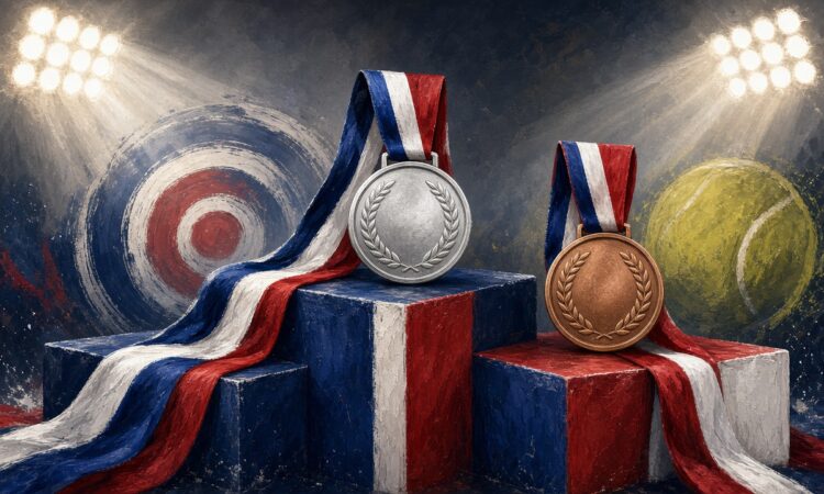 Illustration of silver and bronze medals on a podium with archery and tennis motifs