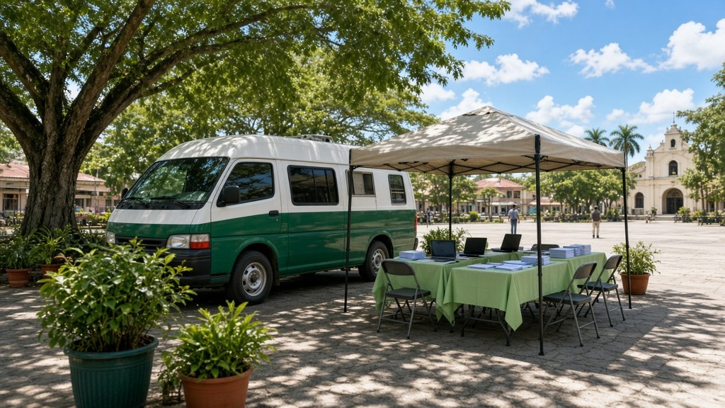 Illustration of a mobile government service van with a tent and tables in a town plaza