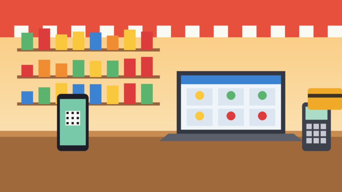 Illustration of a small sari-sari style shop counter with a smartphone, a card payment terminal and an online storefront on a laptop screen