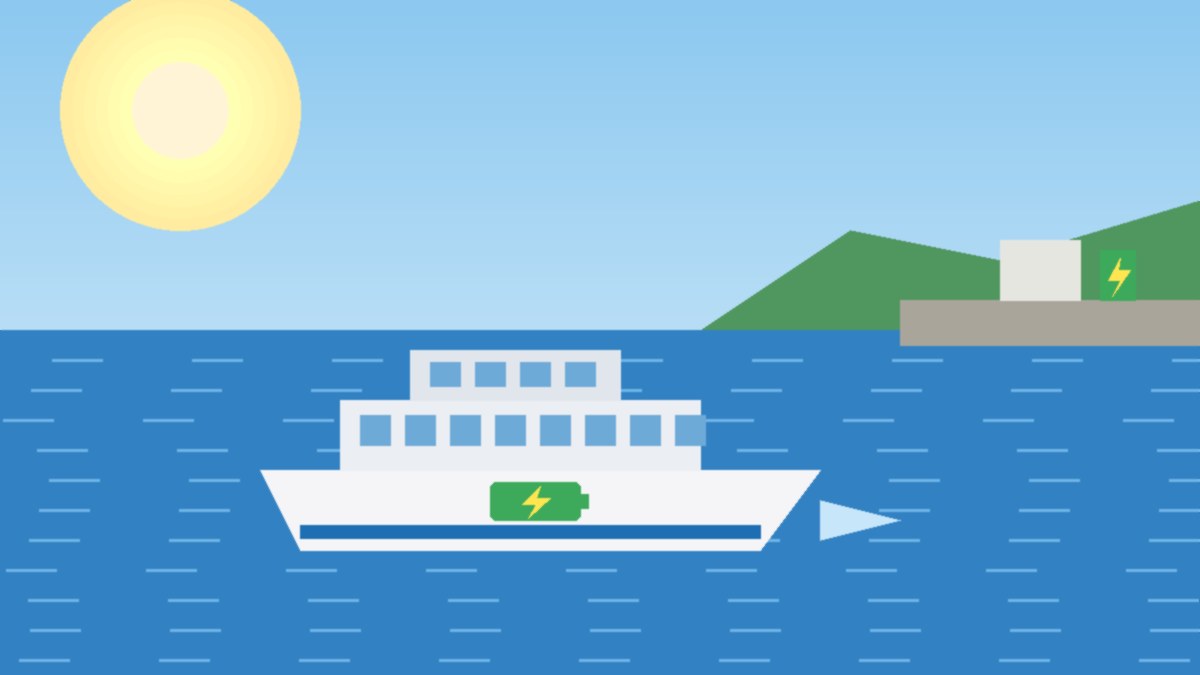 Illustration of a modern white ferry with a lightning-bolt battery symbol crossing calm blue water toward a green island port with a charging station