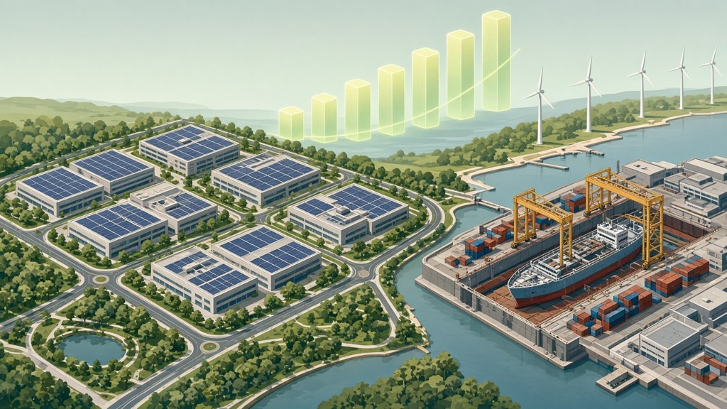 Illustration of a modern economic zone with factories, solar roofs, a shipyard and a rising bar chart