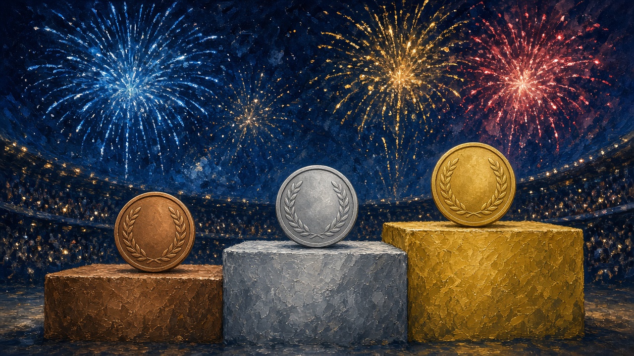 Illustration of gold, silver and bronze medals on a stadium podium under celebratory fireworks