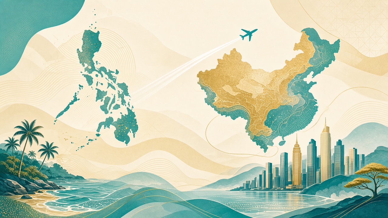 Illustration of Philippines–Greater China tourism motifs with map and airplane trail