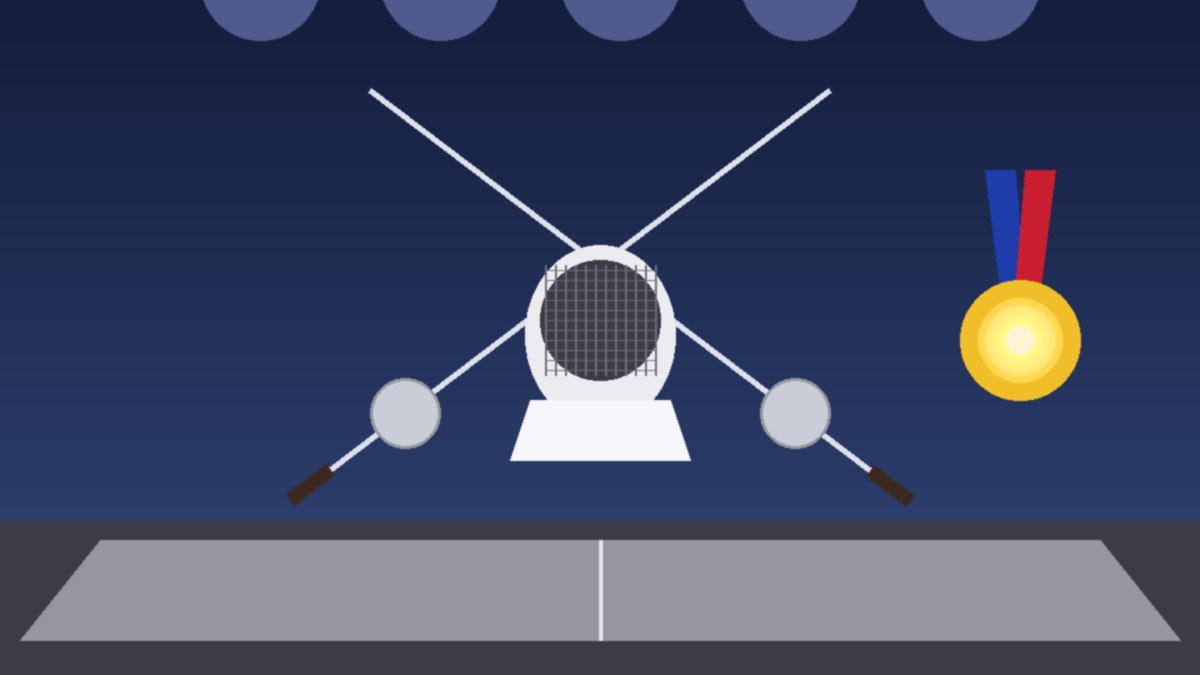 Illustration of two crossed fencing foils and a white fencing mask on a lit competition strip, with a gold medal and a Philippine-colored ribbon