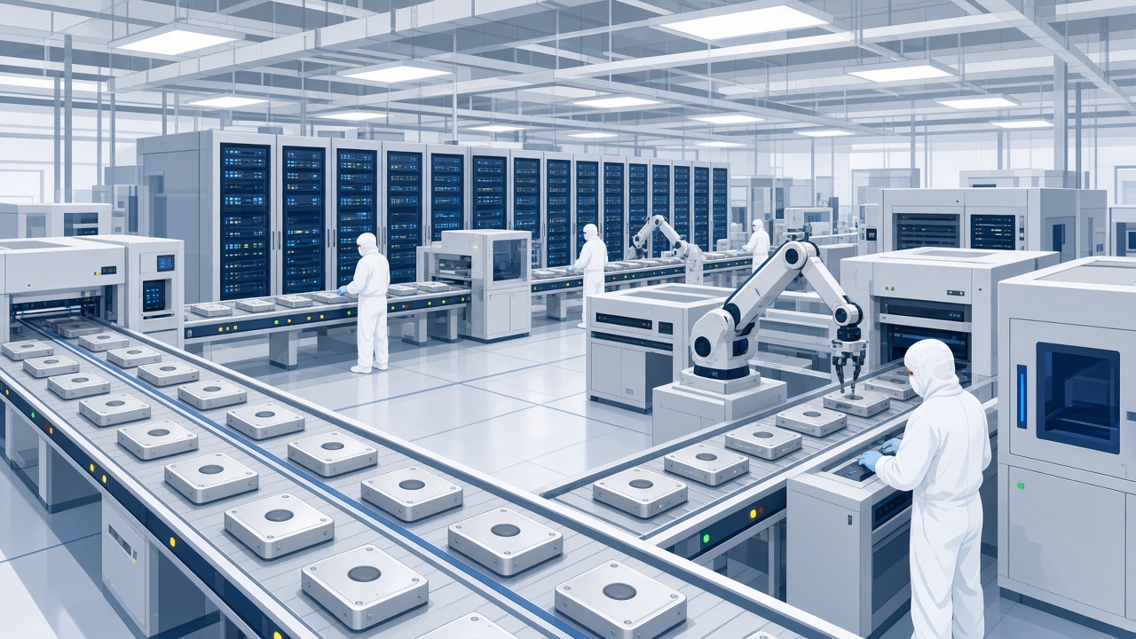 Illustration of a modern electronics factory assembling hard disk drives with server racks in the background