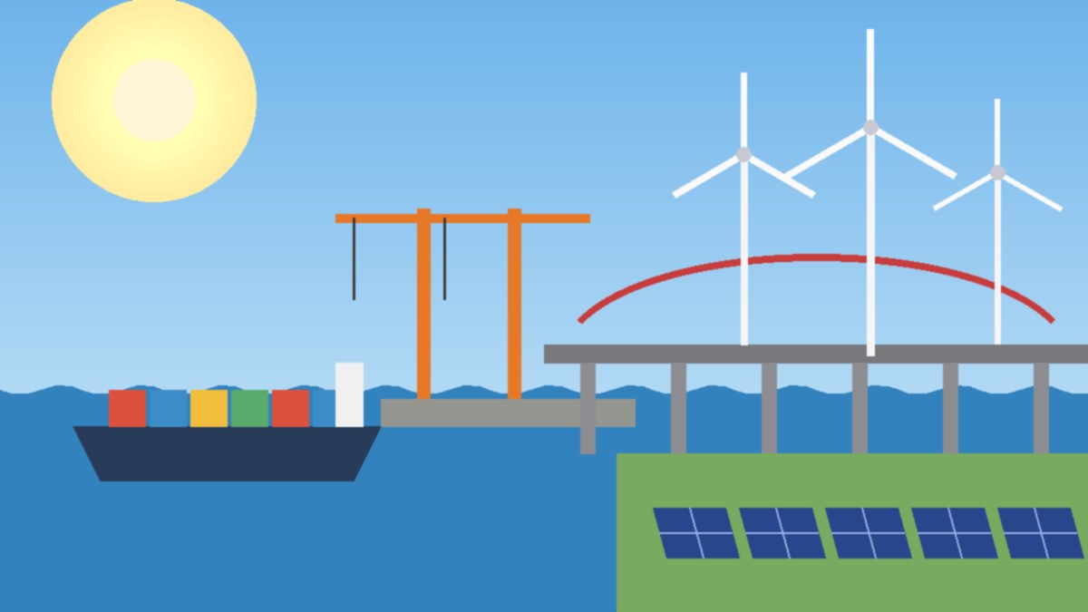 Illustration of a highway bridge linking a seaport with cranes and a cargo ship to an industrial area with wind turbines and solar panels under a bright sky