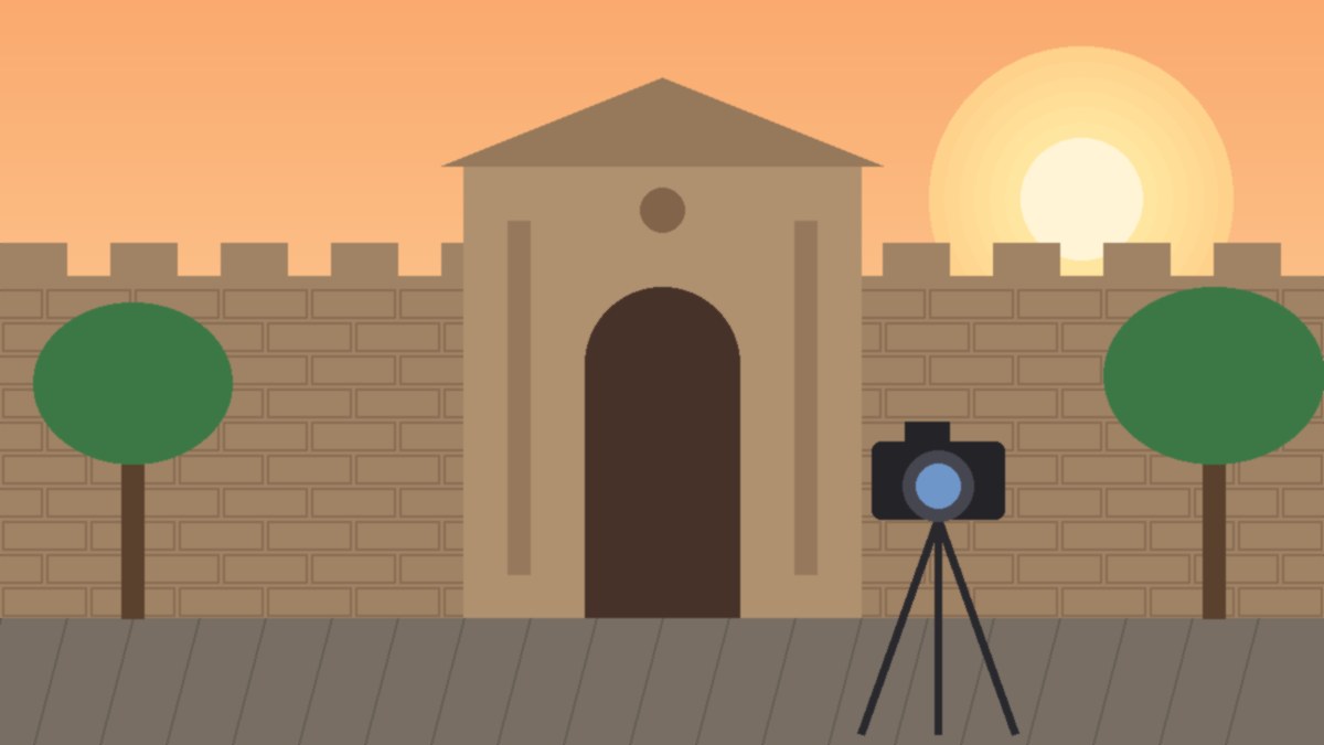 Illustration of old stone walls and a Spanish-era gate in Intramuros with a camera on a tripod in the foreground under a warm sky