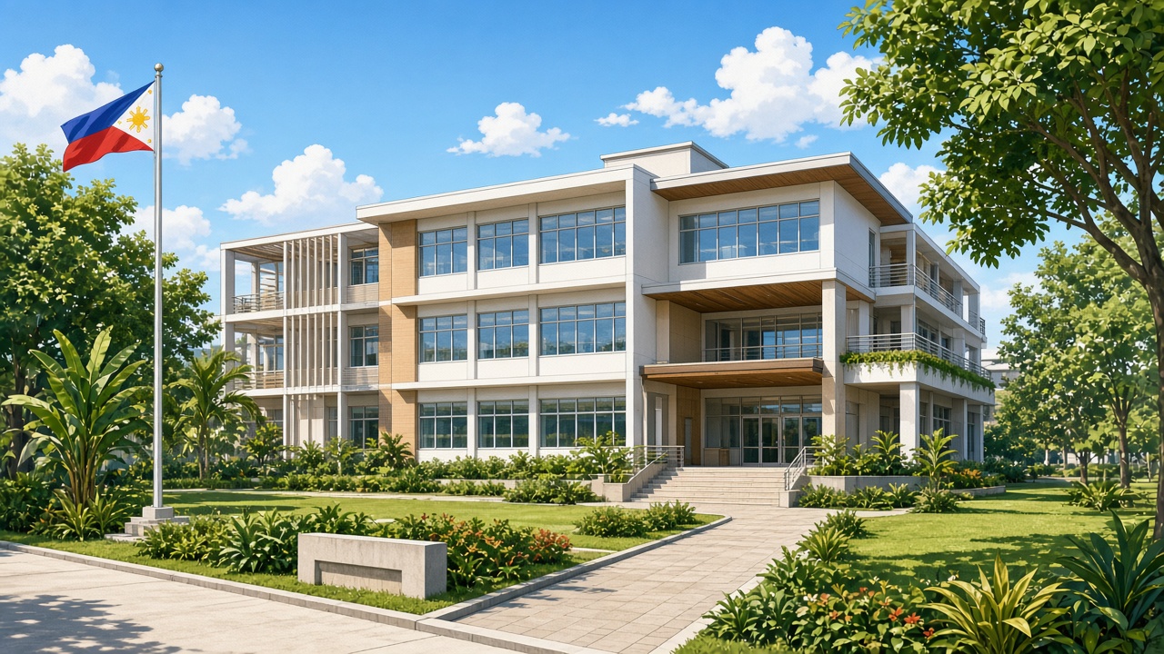 Illustration of a modern three-story school building with bright classrooms and greenery