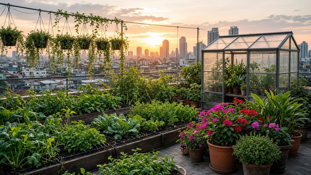 Illustration of a lush rooftop vegetable and flower garden with a small greenhouse and city buildings behind