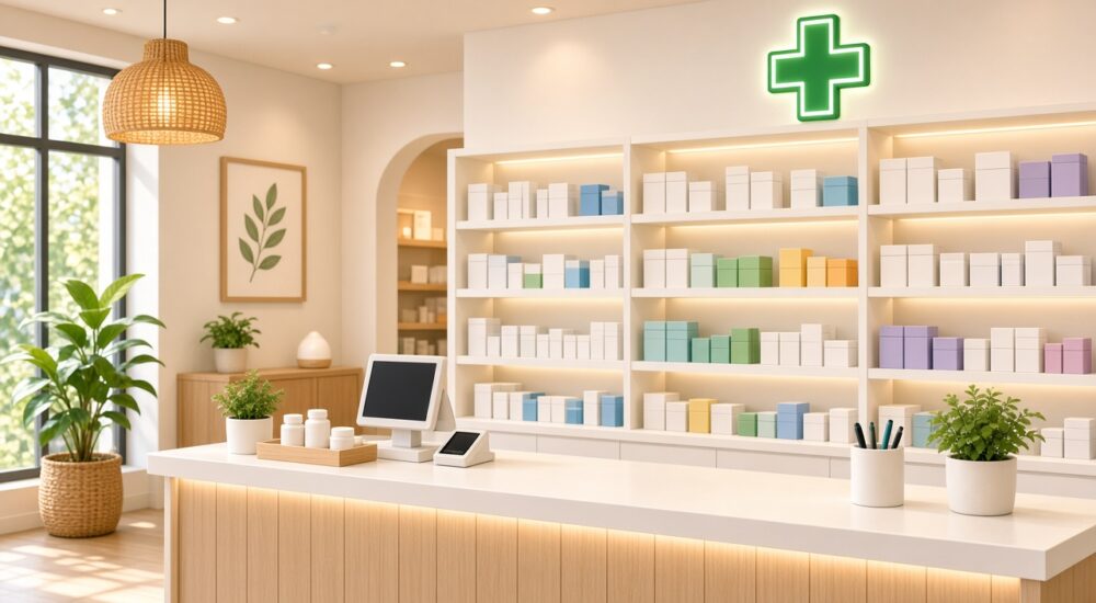 Illustration of a bright community pharmacy with stocked shelves and a green cross sign