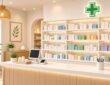 Illustration of a bright community pharmacy with stocked shelves and a green cross sign