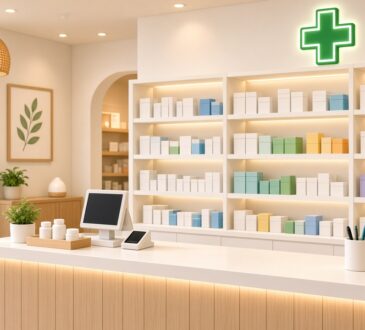 Illustration of a bright community pharmacy with stocked shelves and a green cross sign