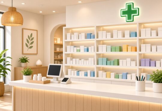 Illustration of a bright community pharmacy with stocked shelves and a green cross sign