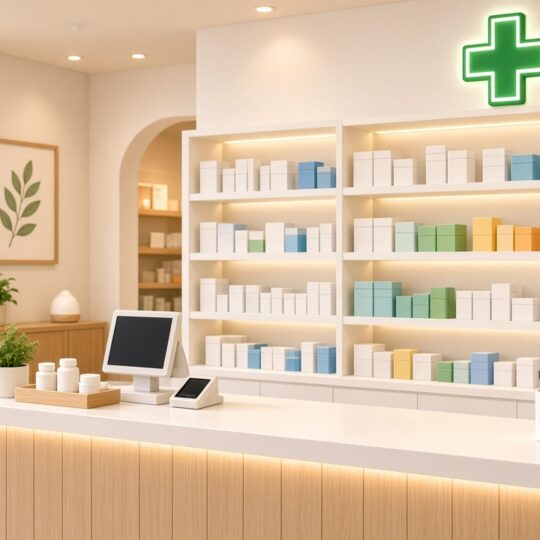 Illustration of a bright community pharmacy with stocked shelves and a green cross sign