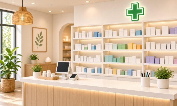 Illustration of a bright community pharmacy with stocked shelves and a green cross sign