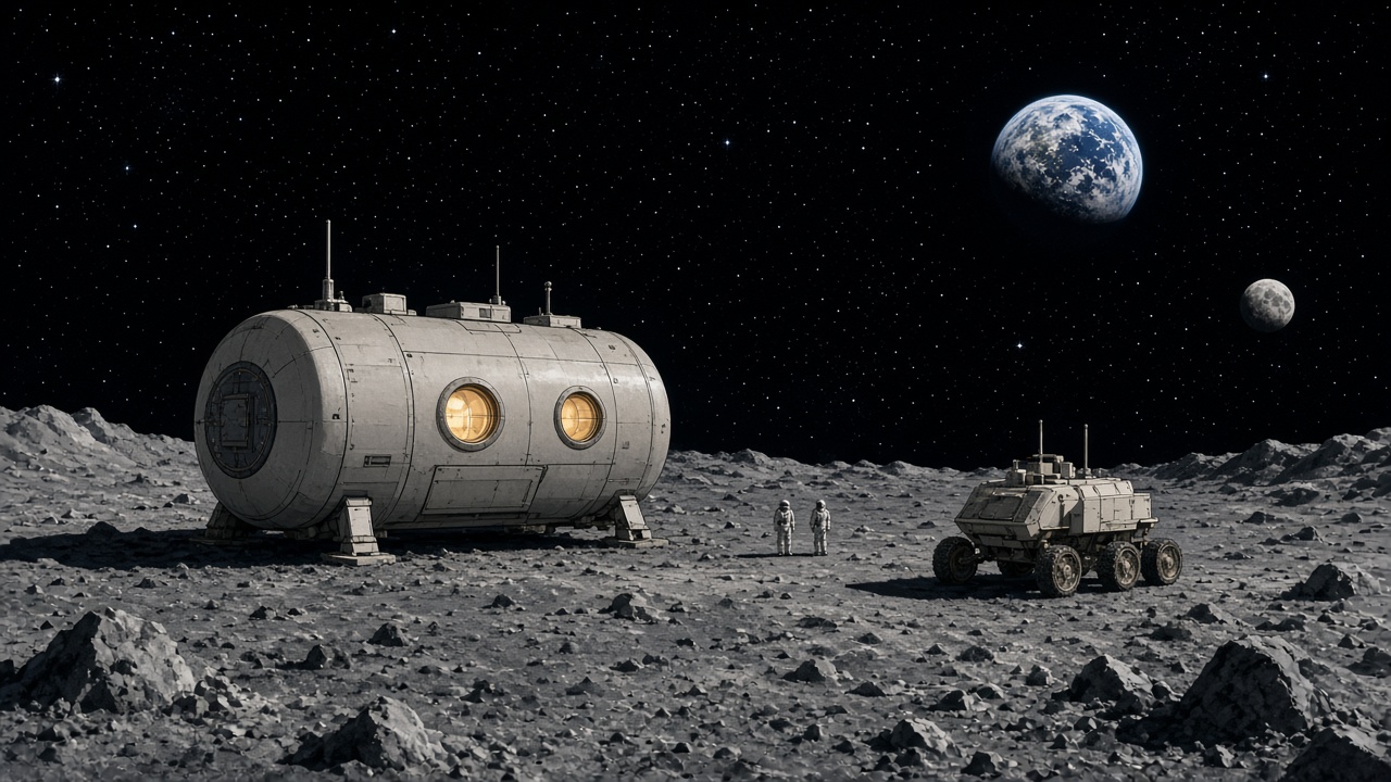 Illustration of a simulated lunar habitat with a small rover under a starry sky