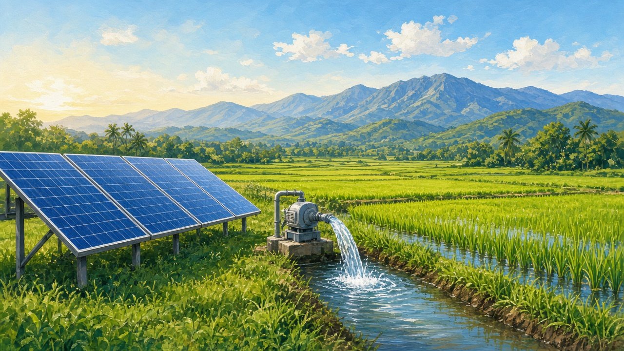 Illustration of solar panels powering an irrigation pump beside green rice fields