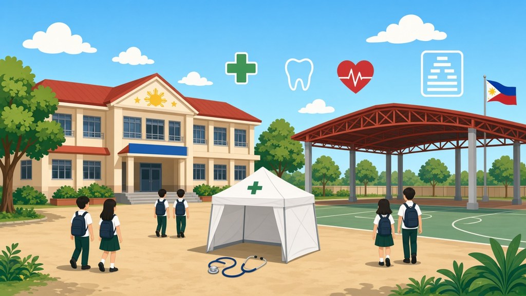 Illustration of a public school with a small health clinic tent, a stethoscope and health icons above